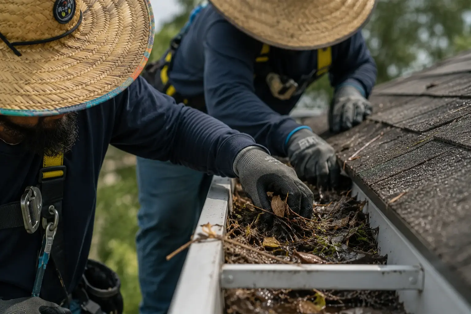 Two Trust Gutter System workers cleaning debris out of a gutter.