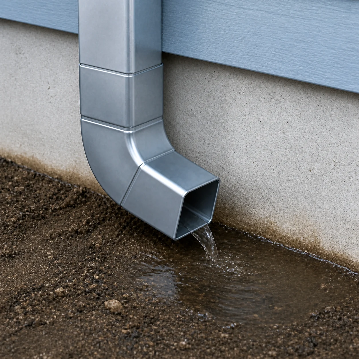 Downspout discharging water beside a foundation