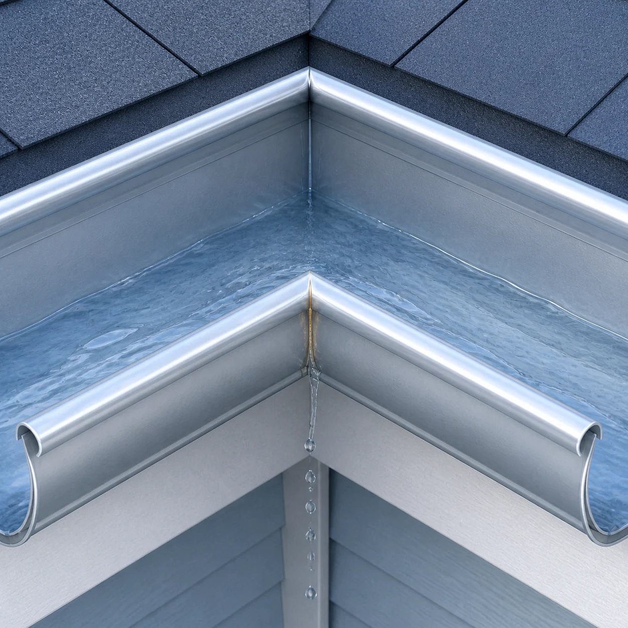 Water leaking from a gutter corner seam