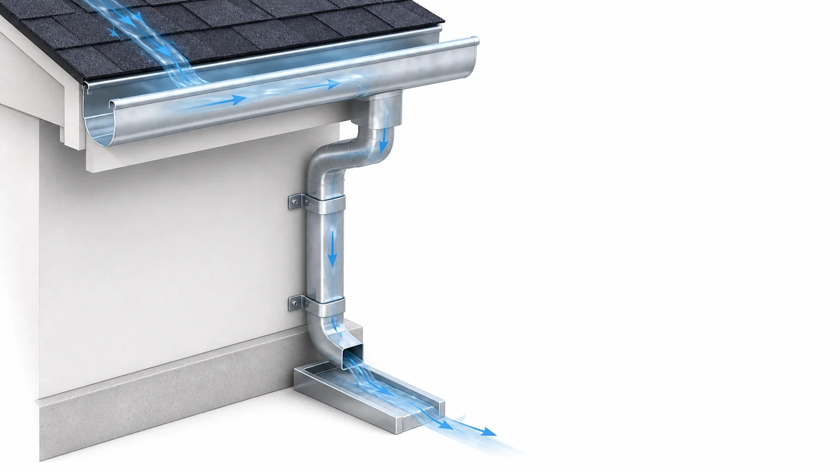 Rainwater moving from the roof through the gutter and downspout to a splash block